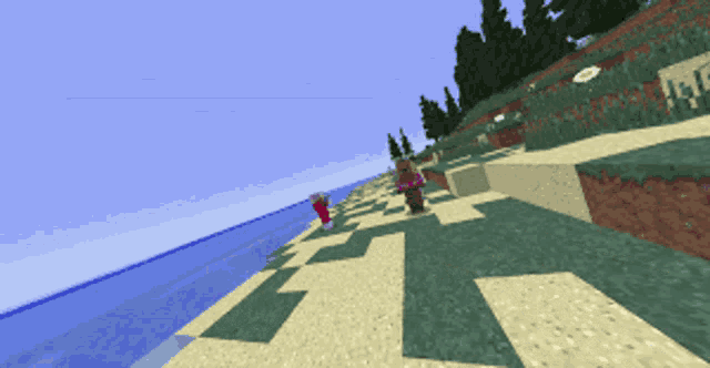 a person in a pink dress is walking on a sandy beach in a video game