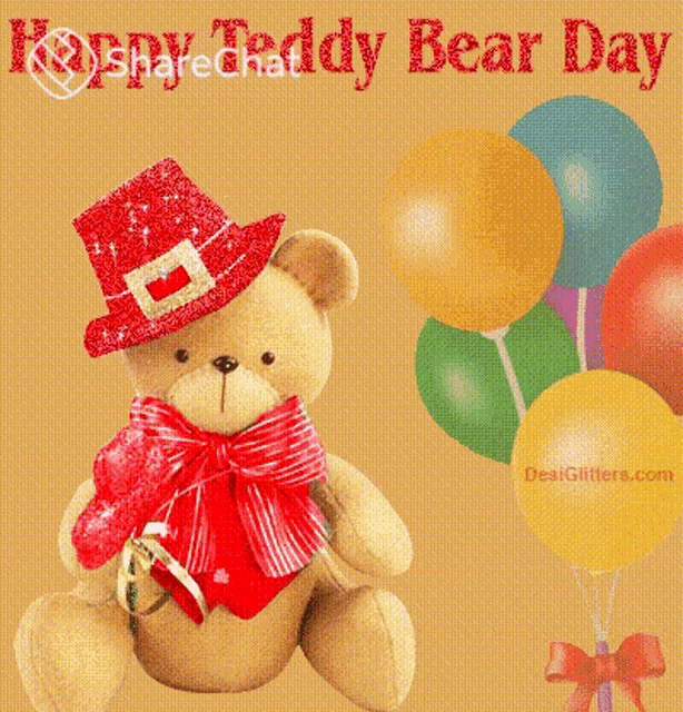 a teddy bear wearing a red hat and a red bow is holding balloons .