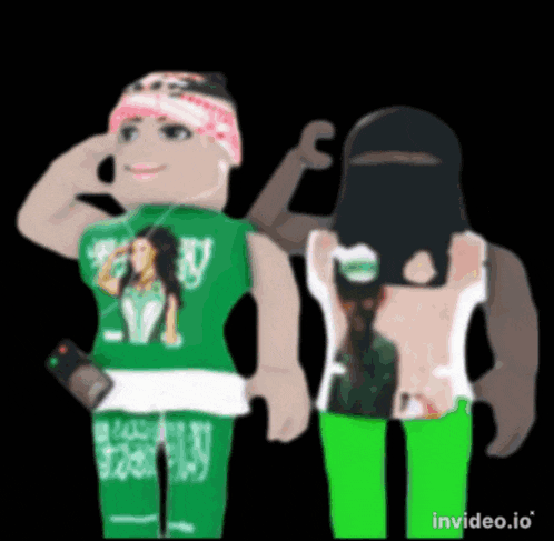 a couple of cartoon characters standing next to each other with invideo.io on the bottom right