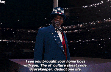 a man in an uncle sam outfit says i see you brought your home boys with you the ol ' culture cheat code scorekeeper