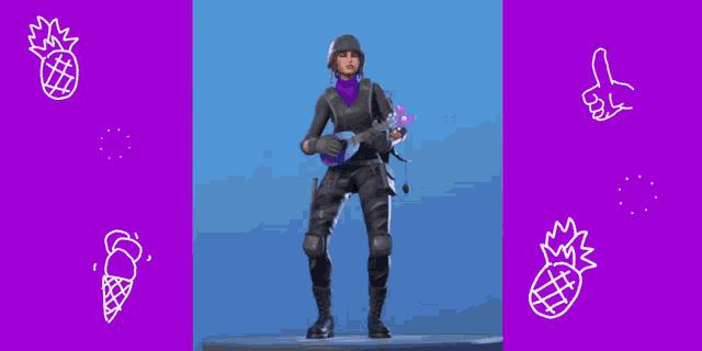a woman in a military uniform is holding a purple guitar