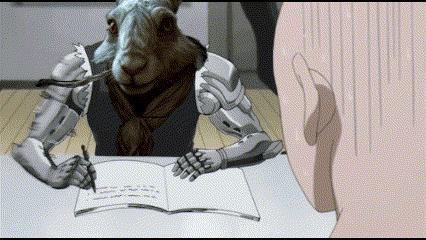 a cartoon drawing of a robot writing on a notebook