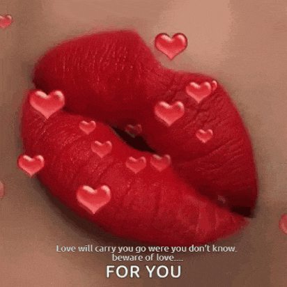 a close up of a woman 's lips with red lipstick and hearts coming out of it .