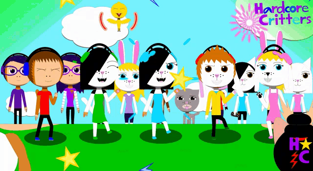 a group of cartoon characters are standing next to each other with the words hardcore critters in the background