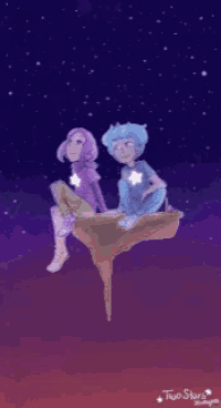two cartoon characters are sitting on a rock under a starry sky with the words " two stars " on the bottom right
