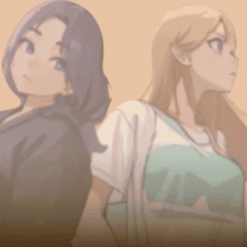 two anime girls standing back to back looking up