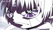 a close up of a cartoon character with purple hair and glasses