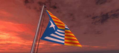 a flag with a star on it is waving in the wind against a cloudy sky