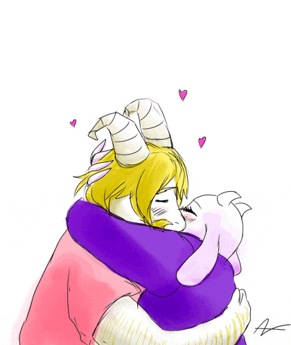a drawing of a man and a goat hugging with hearts surrounding them