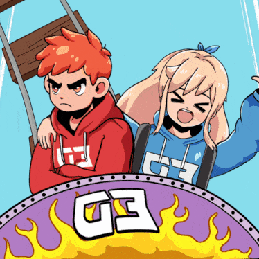 a cartoon of a boy and a girl on a roller coaster that says go on it