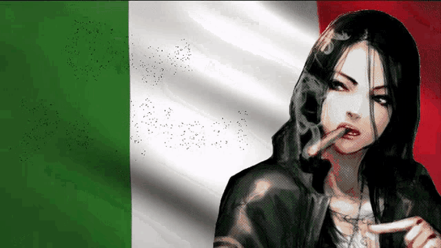 a woman is smoking a cigar in front of a green white and red flag