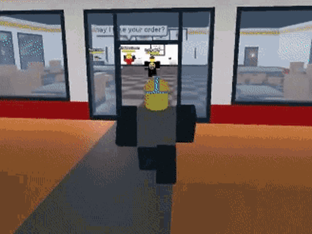 a cartoon character is standing in front of a restaurant with a sign that says " may i take your order "