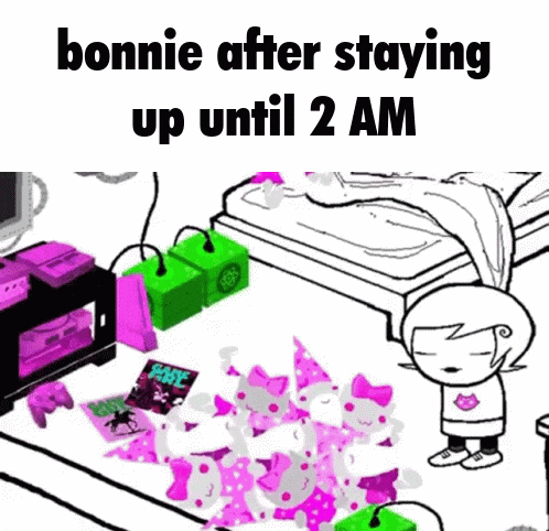a cartoon of a girl standing next to a pile of stuffed animals in a room .