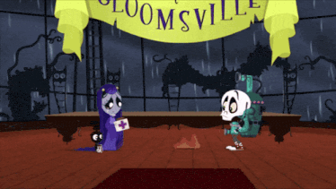 a cartoon scene with a banner that says loomsville on it