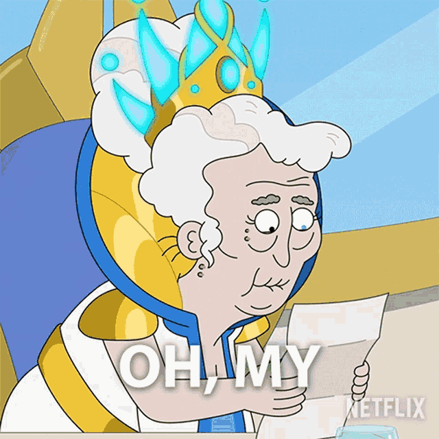 a cartoon of a woman holding a piece of paper that says " oh my "