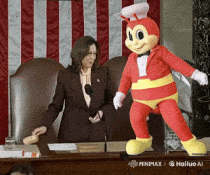 a woman in a suit stands next to a jolly bee mascot