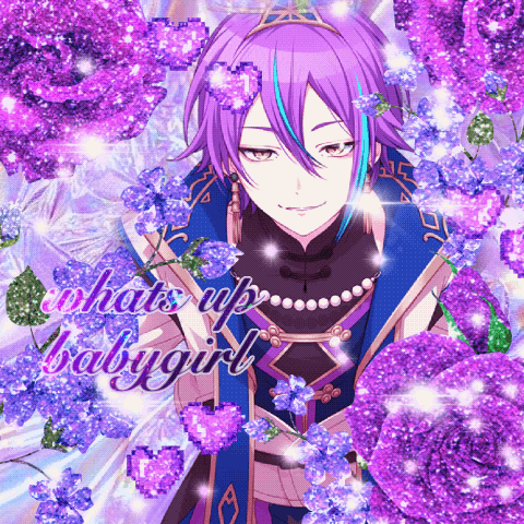 a purple haired anime character is surrounded by purple flowers and the words whats up babygirl