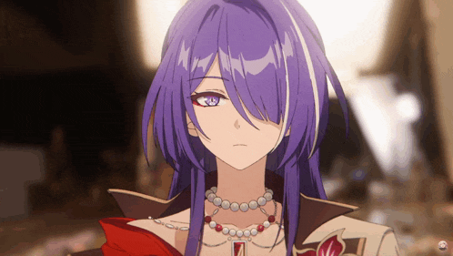 a girl with long purple hair is wearing a necklace with red beads