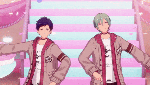 two anime characters are standing next to each other on a staircase