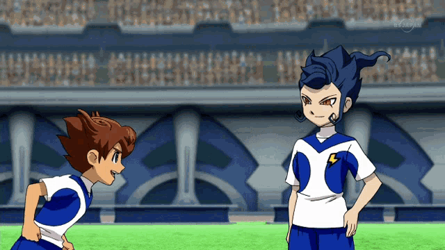 two anime characters are standing on a field and one has a lightning bolt on his back