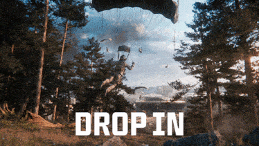 a man is flying through the air with a parachute and the words drop in below him