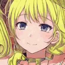 a close up of a blonde anime girl with blue eyes and yellow hair .