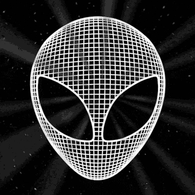 a white alien head is against a black background with rays coming out of it