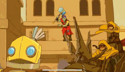 a cartoon of a man holding a hammer standing on top of a building