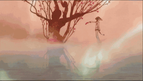 a silhouette of a person standing under a tree in the water