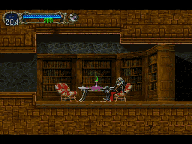 a video game shows a skeleton sitting at a table with a candle and the number 284 above him