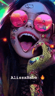 a painting of a woman wearing pink sunglasses and a snake