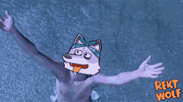 a cartoon of a man with his arms outstretched and the word reki wolf on the bottom right