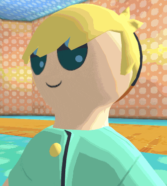 a cartoon character with yellow hair and blue eyes smiles