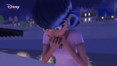 a disney animated character with blue hair covering her mouth with her hands