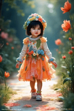 a little girl wearing an orange dress and a flowered hat