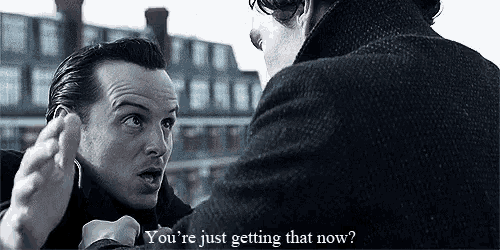 two men are talking to each other and one of them is asking the other if he is getting that now .