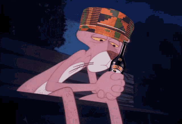 a pink panther wearing a hat and holding a bottle of baileys