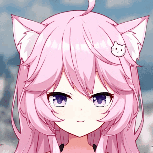 a girl with pink hair and white ears has a cat on her head