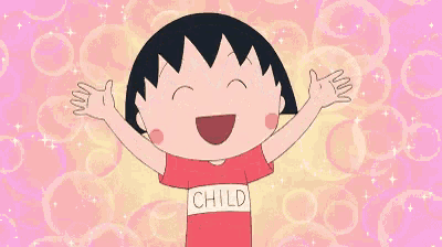 a cartoon girl wearing a red shirt with the word child on it