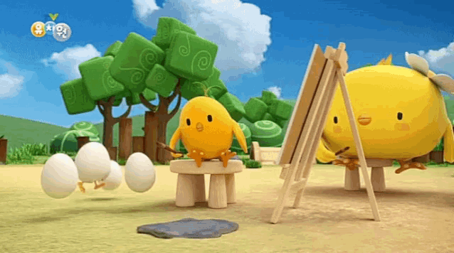 a cartoon chicken is sitting on a bench and painting