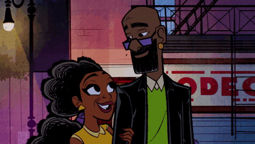 a cartoon drawing of a man and woman standing in front of a sign that says odec