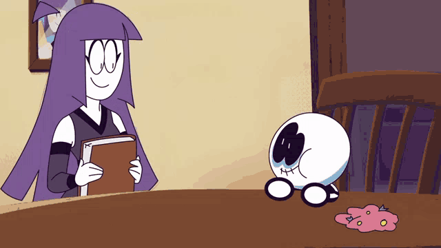 a cartoon of a girl holding a book and a cartoon of a skull sitting on a table