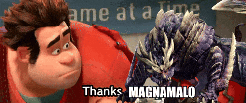 a cartoon character says " thanks magnamalo " next to a purple dragon