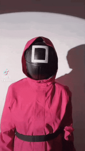a person in a pink costume with a square mask on their face .