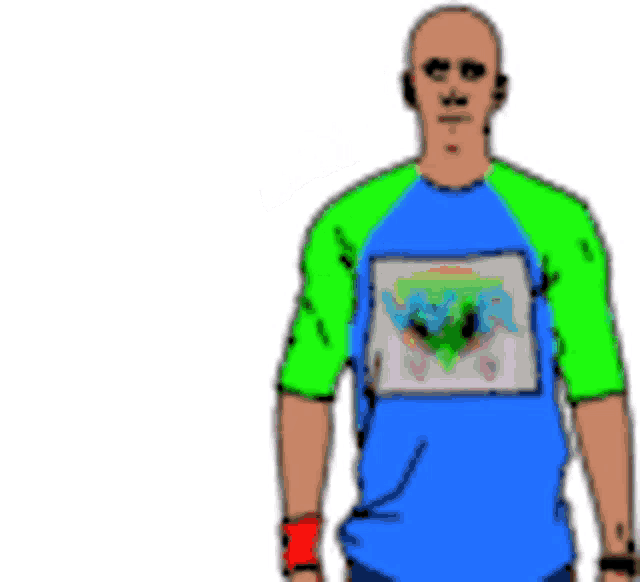 a cartoon of a man wearing a blue and green shirt pointing