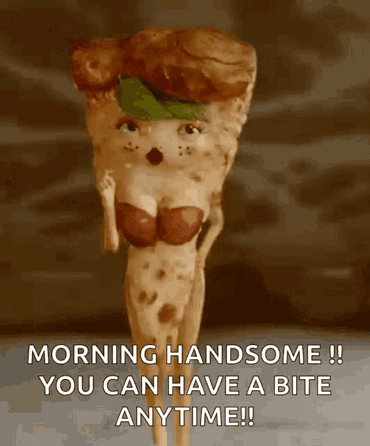a slice of pizza with a woman 's face and a green leaf on top .