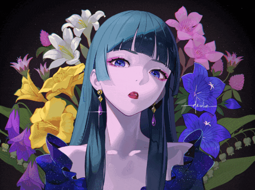 a drawing of a girl with blue hair surrounded by yellow and pink flowers