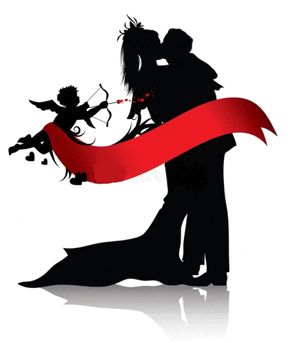 a silhouette of a bride and groom kissing with a cupid behind them