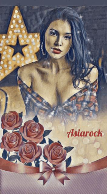 a picture of a woman with roses and the name asiarock on the bottom