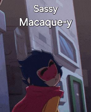 a cartoon character with the name sassy macaque y on the bottom
